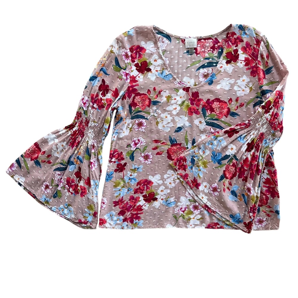 Cupio Womens M Pink Floral Print Long Bell Sleeve Smocked Cuff Blouse Boho Girly